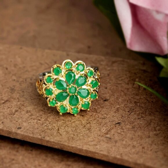 ✨ Super Large Flower Emerald Pear Zircon Vintage Rings for Women, EVGG1202 - Picture 3 of 5